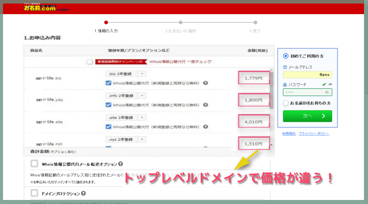 お名前.comドメイン価格ページ